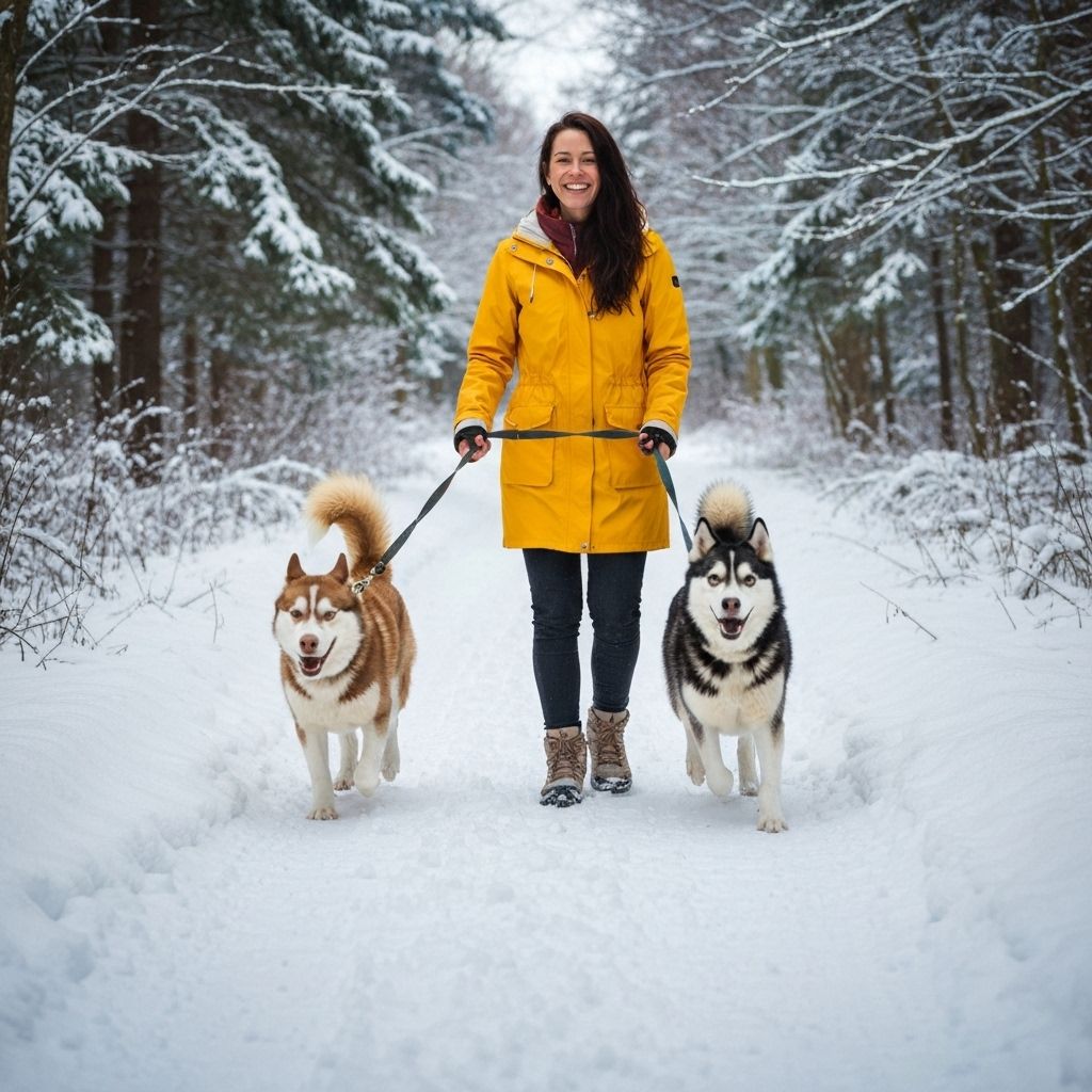 Woman walking dogs in European street